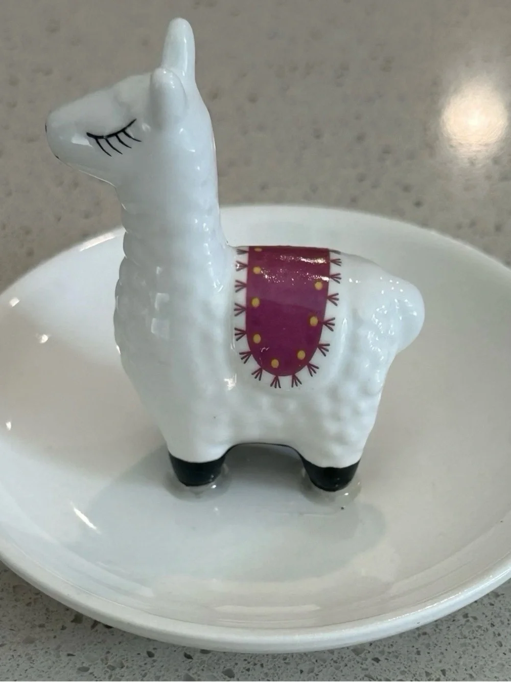 White Ceramic Llama Ring Holder with Pink Saddle